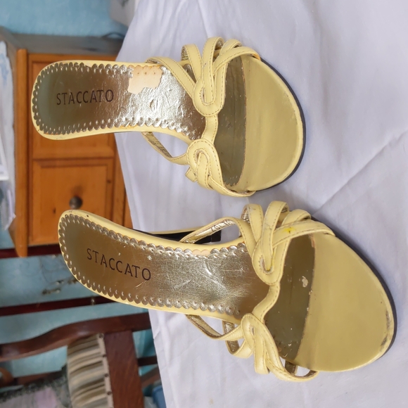 yellow staccato sandals, sz 6.5, 3 1/2" heel., leather.   scuffing toe area - Picture 2 of 5